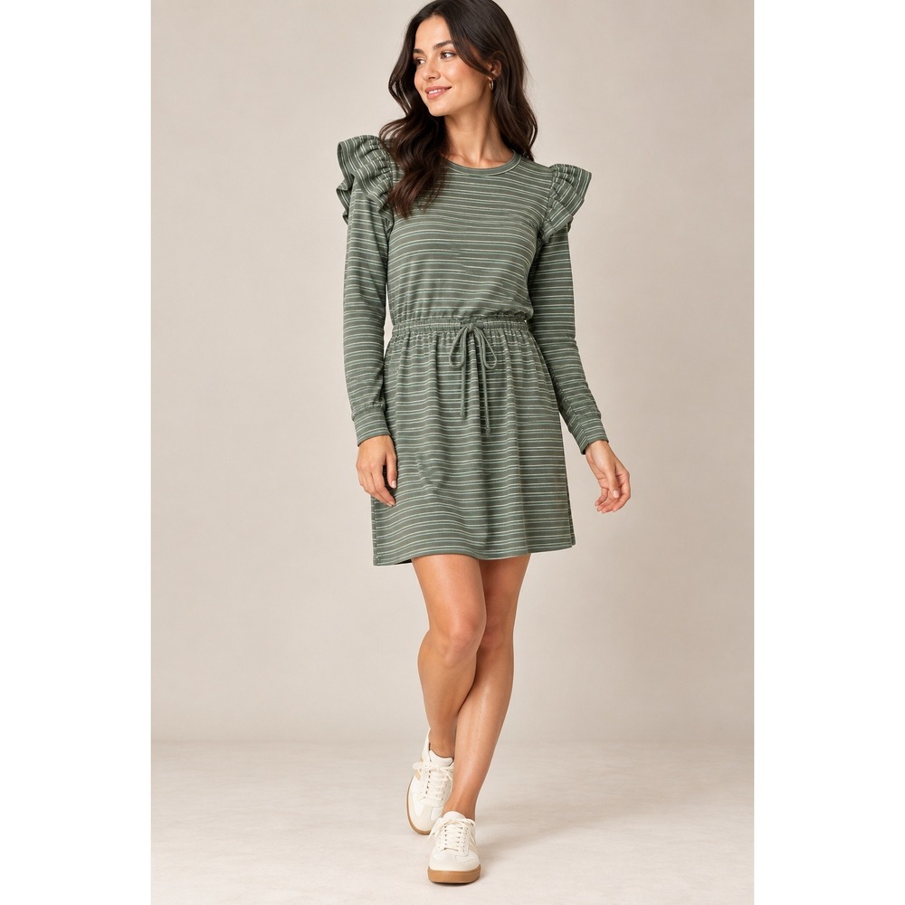 Annie Wear Womens Striped Ruffle Shoulder Drawstring Waist Knit Dress Green S